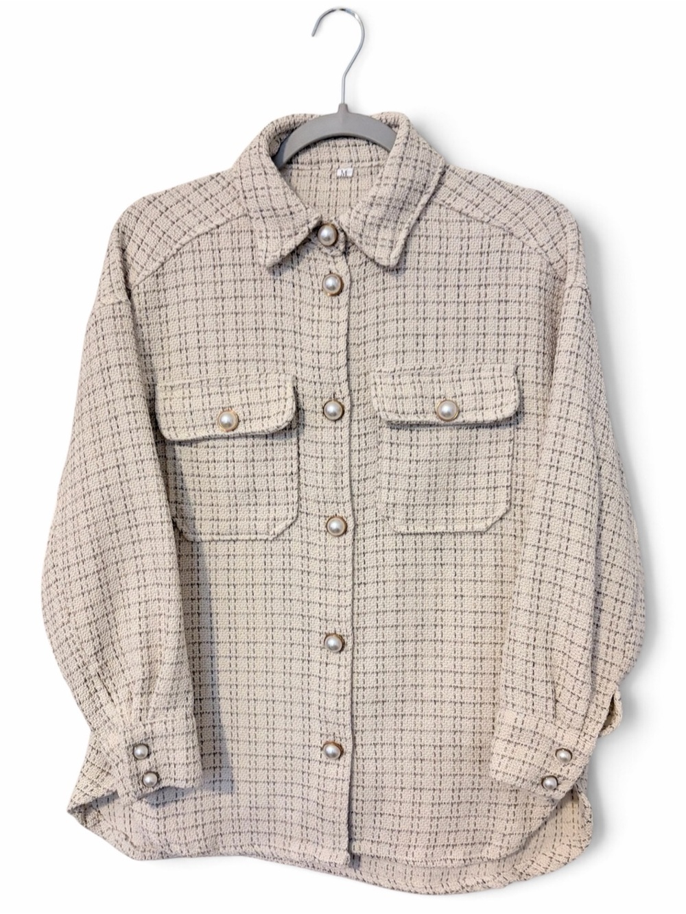 Boutique Tweed Shacket Beige Plaid Pearl Buttons Women’s Size Medium